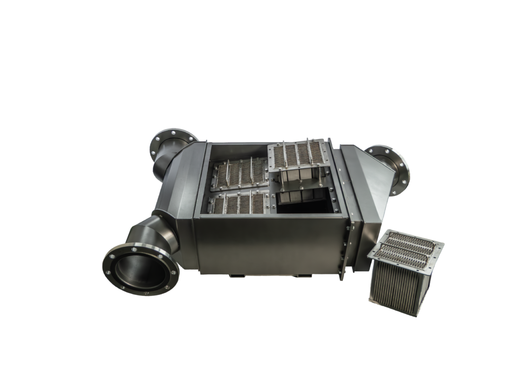 Industrial robot housing with grated inspection panels and flanged joints.