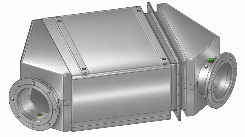 Metallic rectangular duct housing with flanged circular ports at both ends and bolt holes.