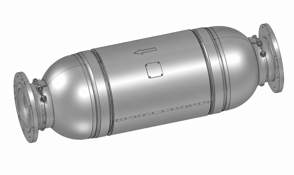 Cylindrical metal pressure vessel with end flanges and a leftward arrow marker on the side of the body.