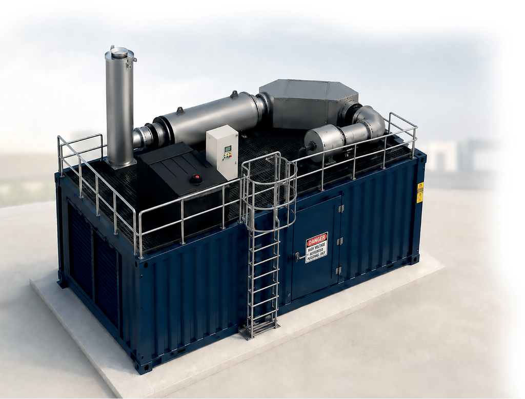 Industrial diesel generator set on a blue container, with exhaust stack, access ladder, railing, and control panel on rooftop or concrete pad.